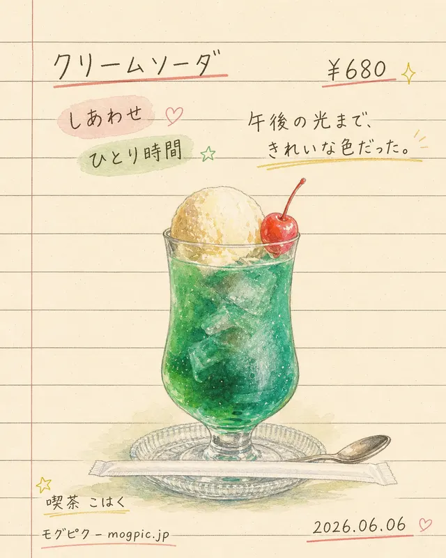 MogPic が生成したクリームソーダの手書きメニュー風カード見本。